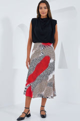 Kırmızı Siyah Desenli Saten Etek 15806