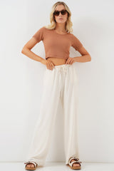 Yüksek Bel Bol Paça Pantolon - Krem