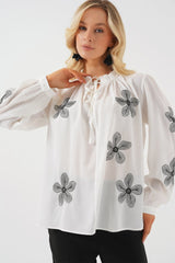 Uzun Kol Nakışlı Örme Bluz 951 - Beyaz