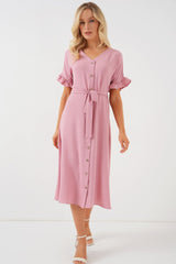 Kısa Kol Düğmeli Elbise 2555 - Pudra