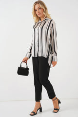 Çizgili Uzun Saten Gömlek 20291 - Siyah