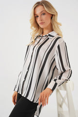 Çizgili Uzun Saten Gömlek 20291 - Siyah