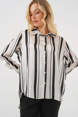 Çizgili Uzun Saten Gömlek 20291 - Siyah