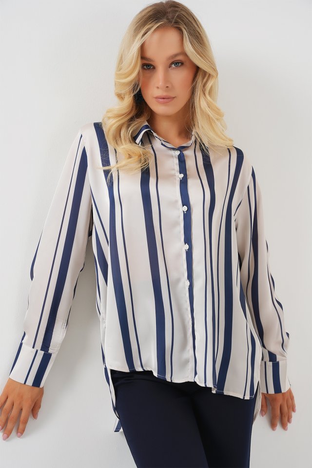 Çizgili Uzun Saten Gömlek 20291 - Siyah