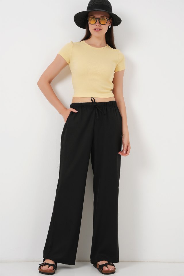Geniş Paça Keten Pantolon 6735 - Siyah