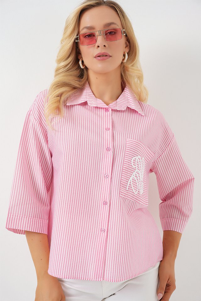 Tek Cep Nakışlı Gömlek 20328 - Pembe