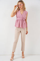 Kruvaze Yaka Kolsuz Bluz 966 - Pudra