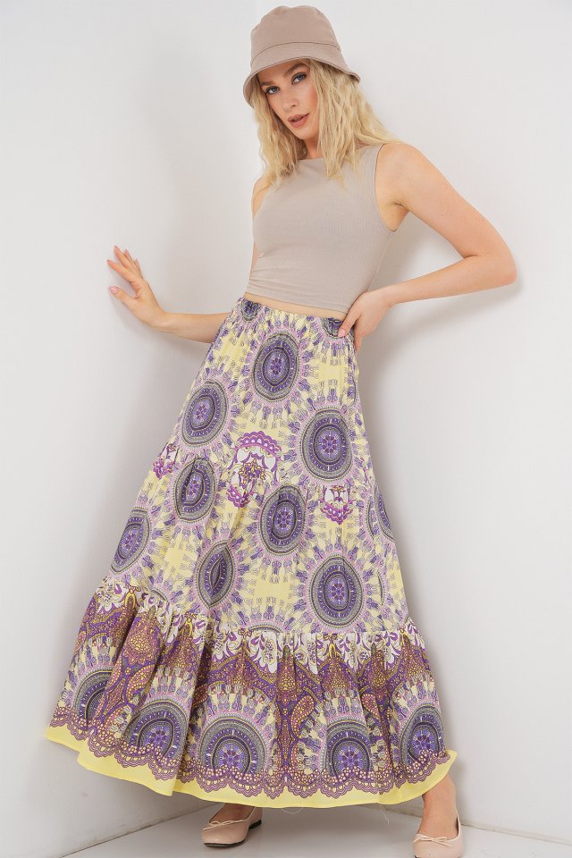 1898 Desenli Uzun Etek - Sarı