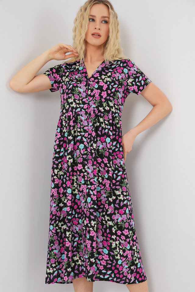 Boydan Düğmeli Kısa Kol Çiçekli Elbise 2561 - Siyah