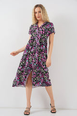 Boydan Düğmeli Kısa Kol Çiçekli Elbise 2561 - Siyah