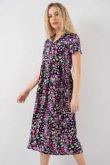 Boydan Düğmeli Kısa Kol Çiçekli Elbise 2561 - Siyah