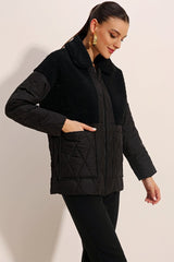 5182 Peluş Detaylı Oversize Şişme Mont - Lacivert