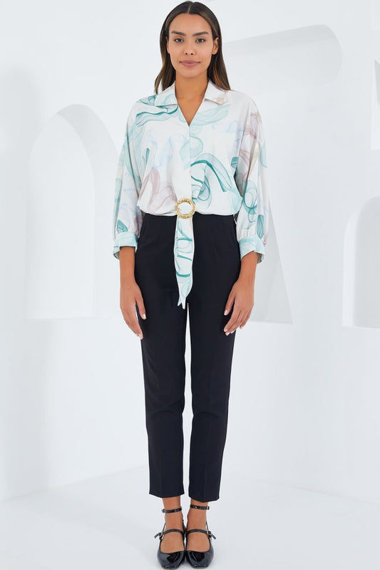 Oversize Dökümlü Crop Saten Gömlek 906 - Mint