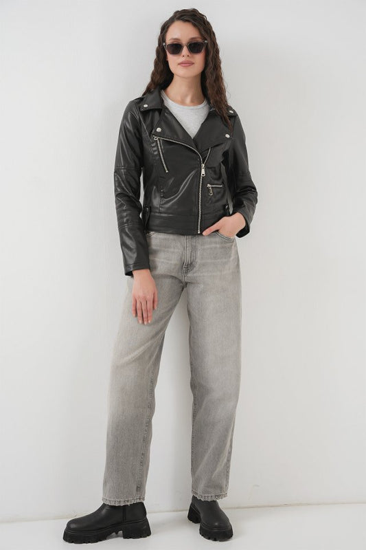 1025 Suni Deri Biker Ceket - Siyah