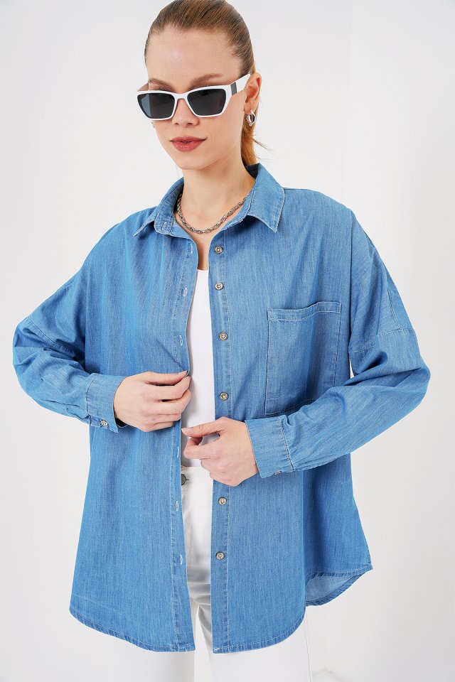 Oversize Kot Gömlek 20280 - Mavi