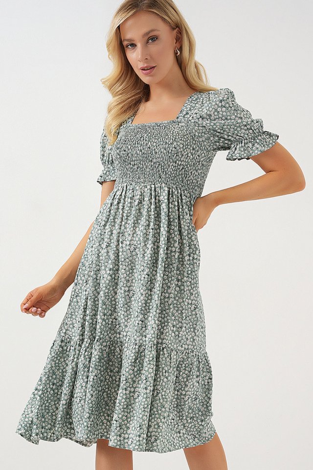 Kısa Kol Çiçekli Elbise 2556 - Mint