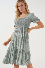 Kısa Kol Çiçekli Elbise 2556 - Mint