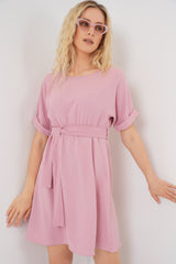 Kısa Kol Mini Ayrobin Elbise 2572 - Krem