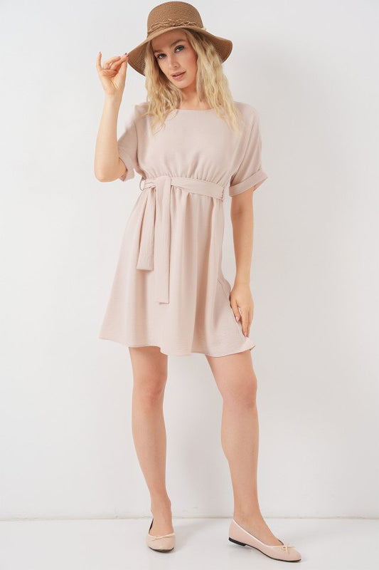 Kısa Kol Mini Ayrobin Elbise 2572 - Krem