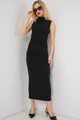 Büzgülü Sıfır Kol Drapeli Elbise 2579 - Siyah