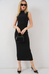 Büzgülü Sıfır Kol Drapeli Elbise 2579 - Siyah