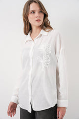 Nakışlı Oversize Gömlek 20338 - Mavi