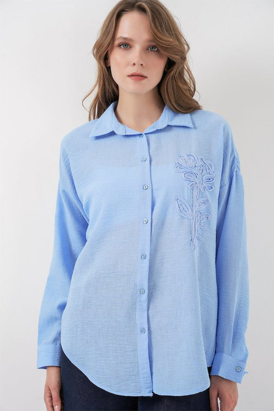 Nakışlı Oversize Gömlek 20338 - Mavi