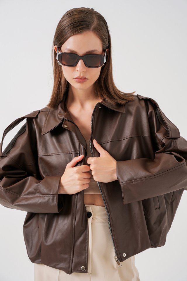 Oversize Deri Ceket 1055 - Kahverengi