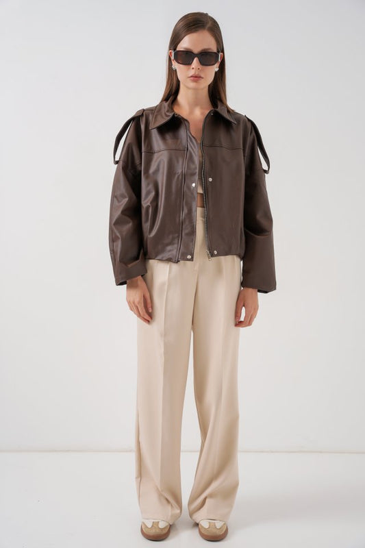 Oversize Deri Ceket 1055 - Kahverengi