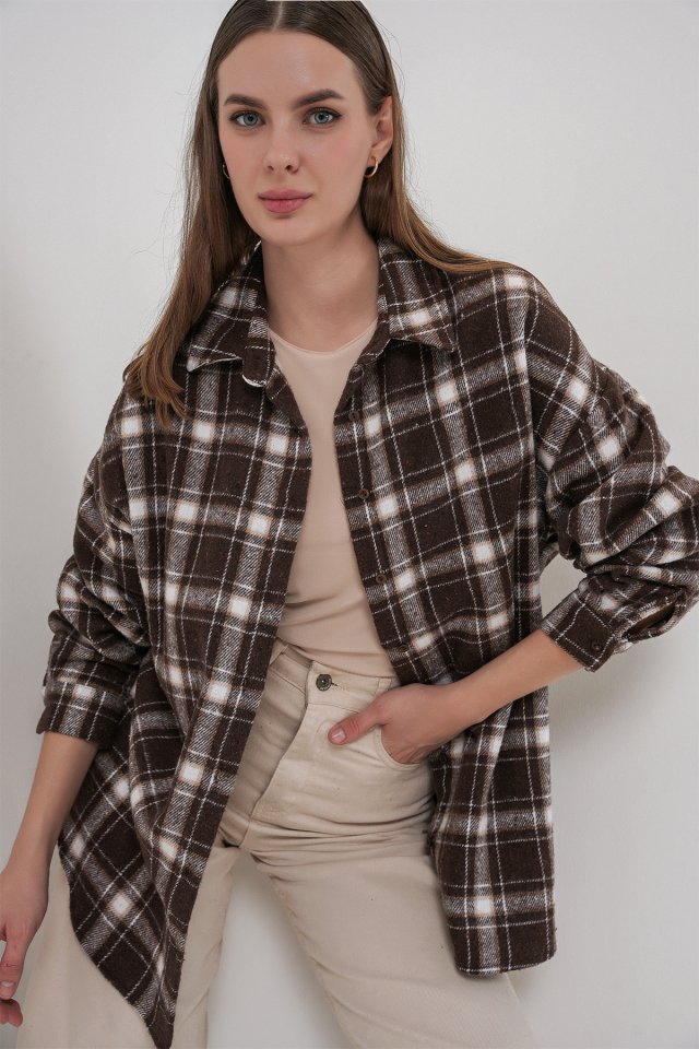 Ekose Desen Oversize Oduncu Gömlek 3854 C. Kahverengi