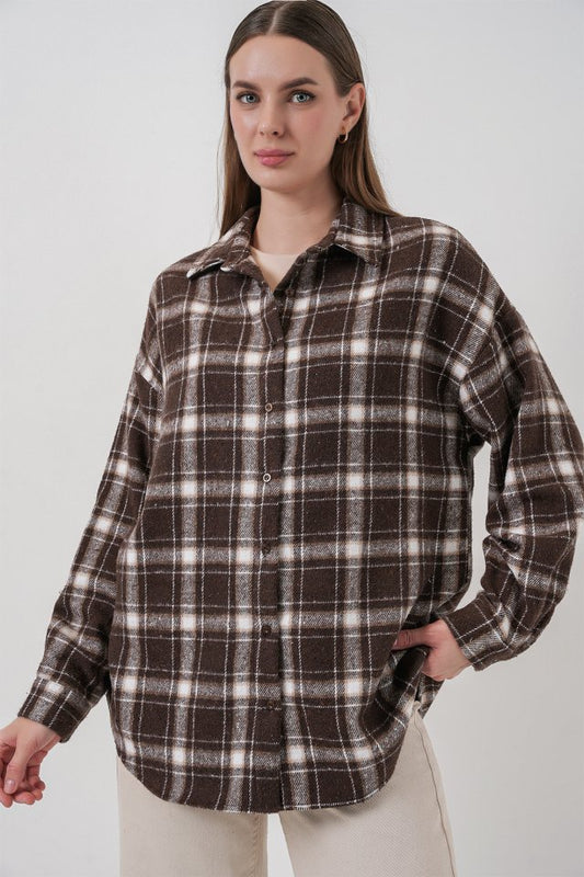 Ekose Desen Oversize Oduncu Gömlek 3854 C. Kahverengi