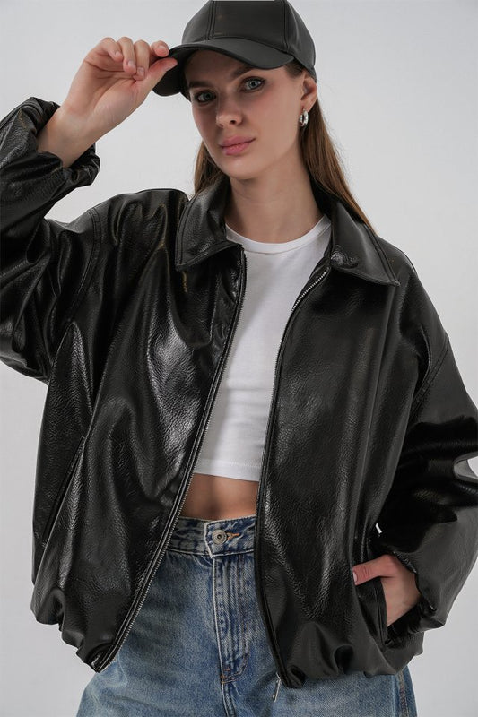 Oversize Suni Deri Ceket 1049 - Siyah