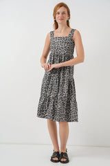 Desenli Askılı Midi Elbise 2577 - Antrasit