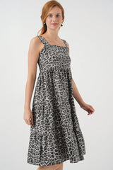 Desenli Askılı Midi Elbise 2577 - Antrasit