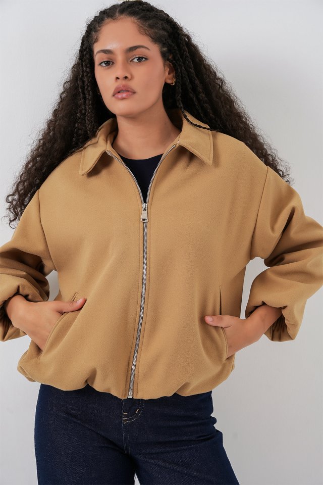 Büzgülü Oversize Kaşe Ceket 0728 - Sütlü Kahve