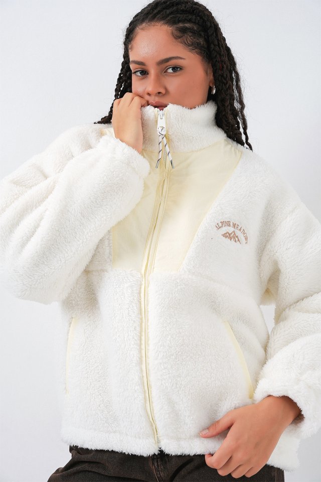 5194 Peluş Mont Ceket - Ekru