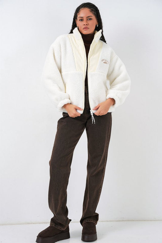5194 Peluş Mont Ceket - Ekru