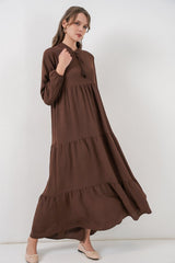 T1627 Yaka Bağcıklı Elbise - E. Kahve