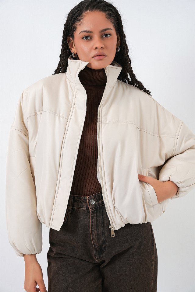Oversize Bomber Şişme Mont 5124 - Ekru