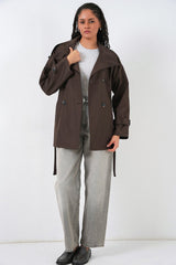 Kruvaze Yaka Kısa Trençkot 5980 - Kahverengi