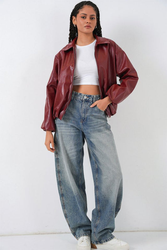 Oversize Suni Deri Ceket 1049 - Kiremit