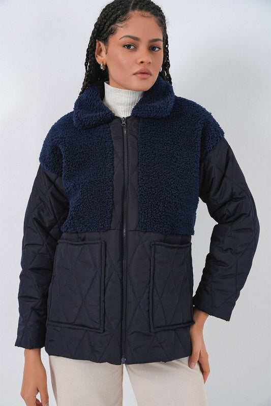 5182 Peluş Detaylı Oversize Şişme Mont - Lacivert