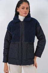 5182 Peluş Detaylı Oversize Şişme Mont - Lacivert