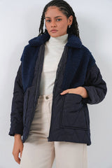5182 Peluş Detaylı Oversize Şişme Mont - Lacivert