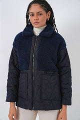 5182 Peluş Detaylı Oversize Şişme Mont - Lacivert