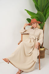 Önü Bağlamalı Keten Elbise 2574 - Bej