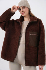 55446 Fermuarlı Oversize Peluş Ceket Mont - K. Siyah