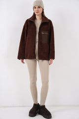 55446 Fermuarlı Oversize Peluş Ceket Mont - K. Siyah