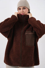 55446 Fermuarlı Oversize Peluş Ceket Mont - K. Siyah