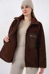 55446 Fermuarlı Oversize Peluş Ceket Mont - K. Siyah